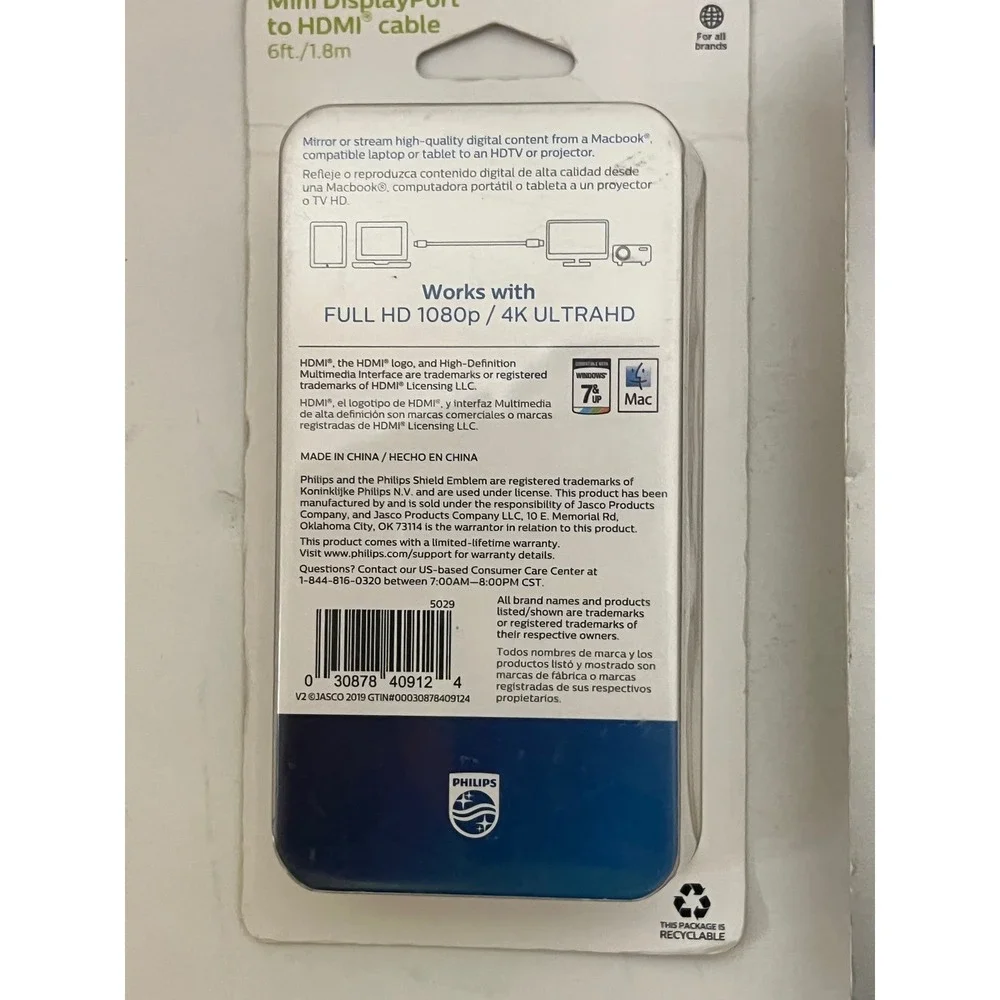 Philips Mini DisplayPort to HDMI‎ Cable 6ft 1.8m 4K Ultra HD - 2 pack NEW